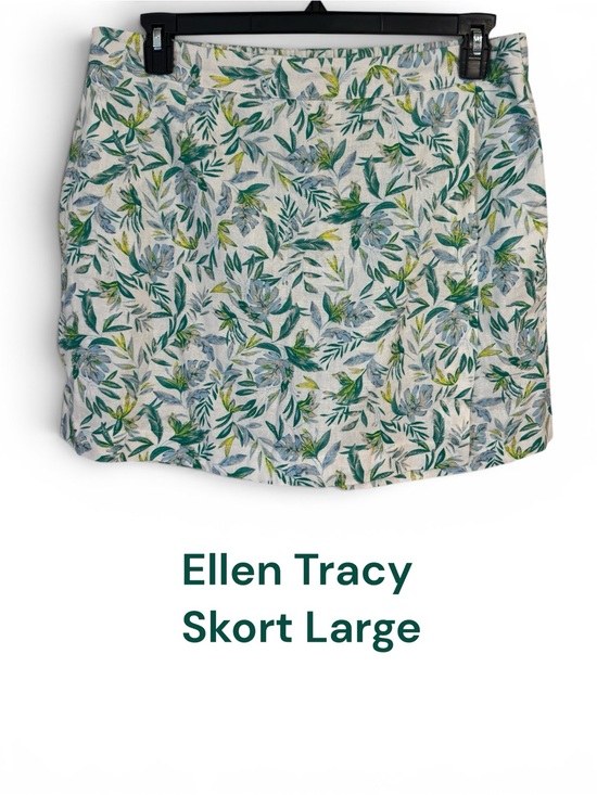 Ellen Tracy Pants - ELLEN TRACY  Cream Skort with Green & Blue Leaf Print LARGE    #M